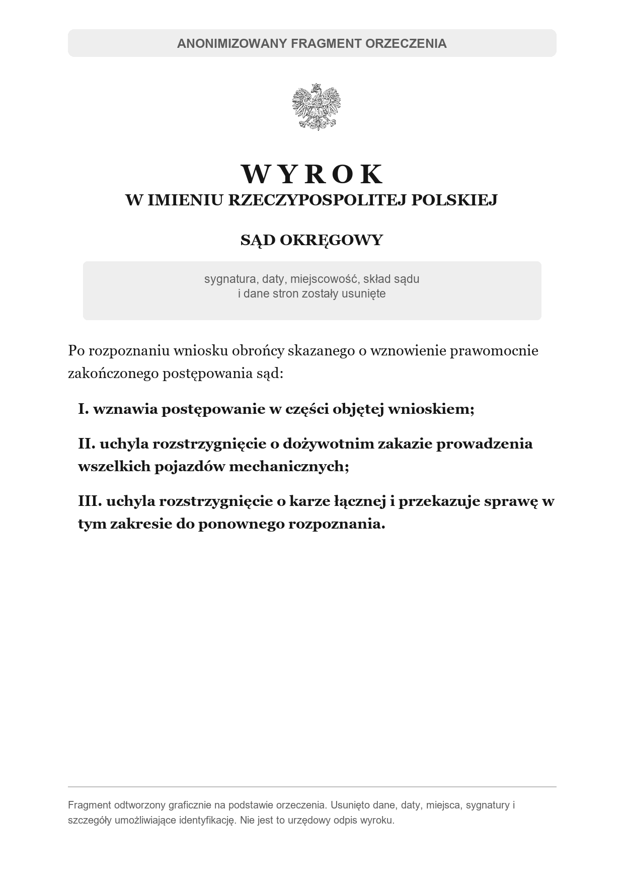 Anonimowe podsumowanie wznowienia postępowania i uchylenia dożywotniego zakazu prowadzenia pojazdów